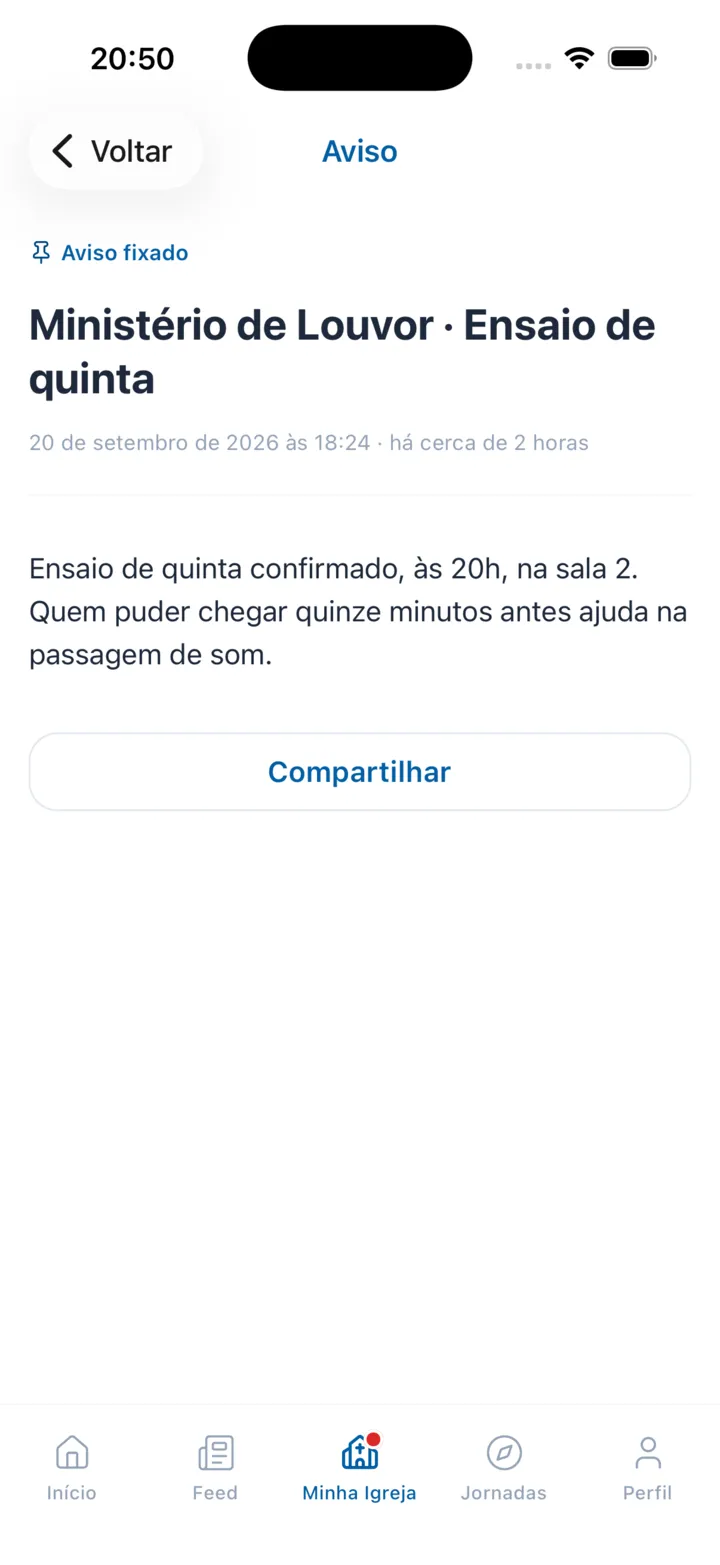 Aviso fixado no ChurchGether: o Ministério de Louvor confirma o ensaio de quinta, às 20h.