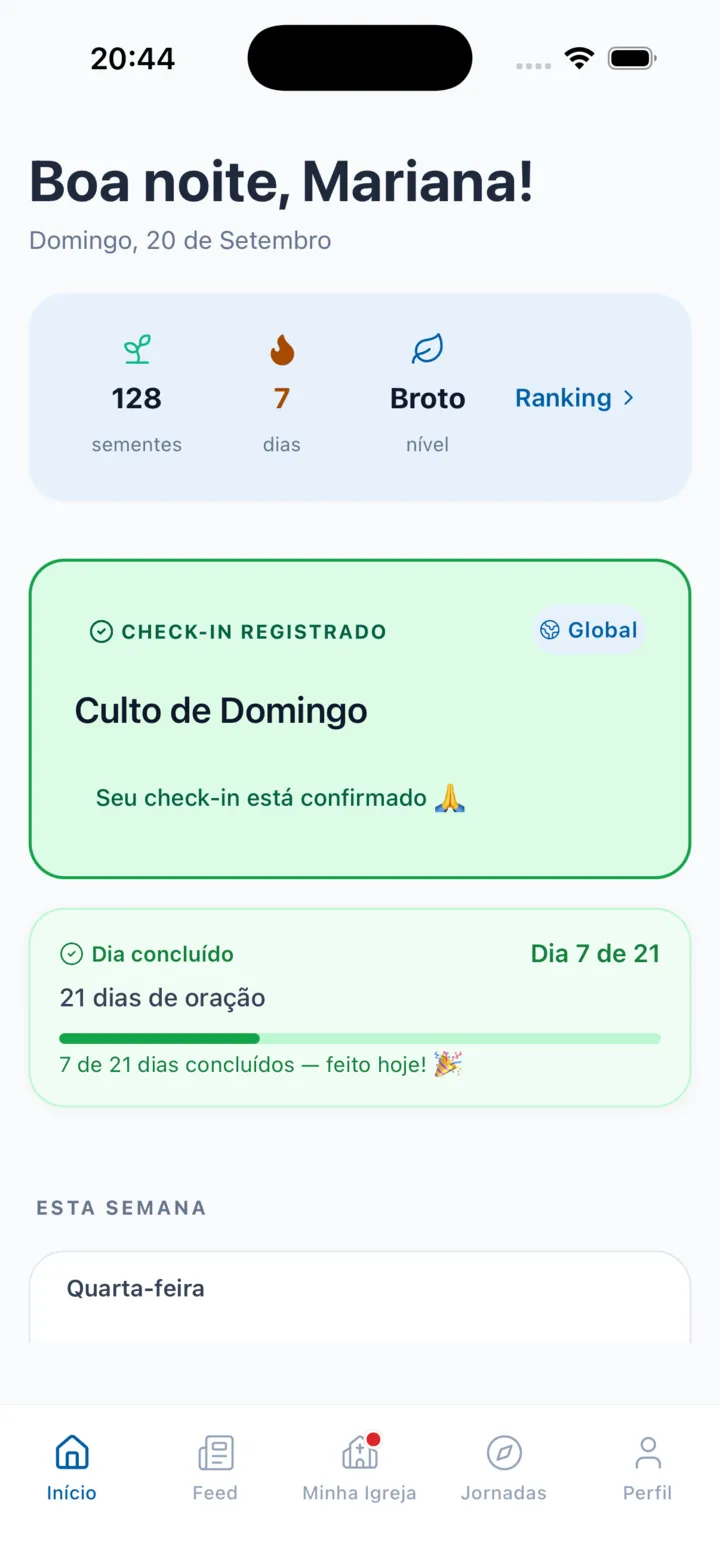 Tela inicial do ChurchGether com o check-in no culto de domingo confirmado e o progresso da jornada de 21 dias de oração.