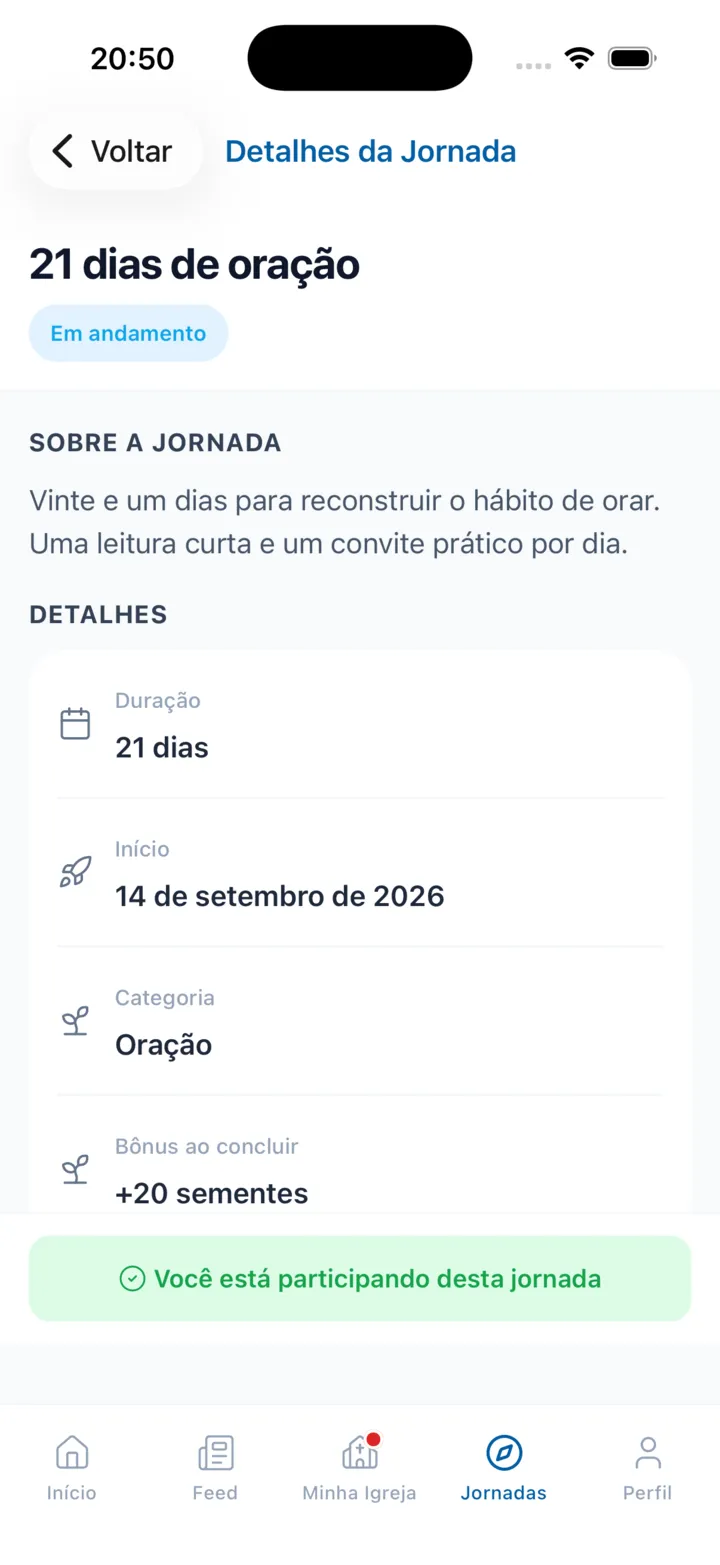 Detalhes da jornada “21 dias de oração” no ChurchGether: sobre a jornada, duração, início e categoria, com a participação confirmada.